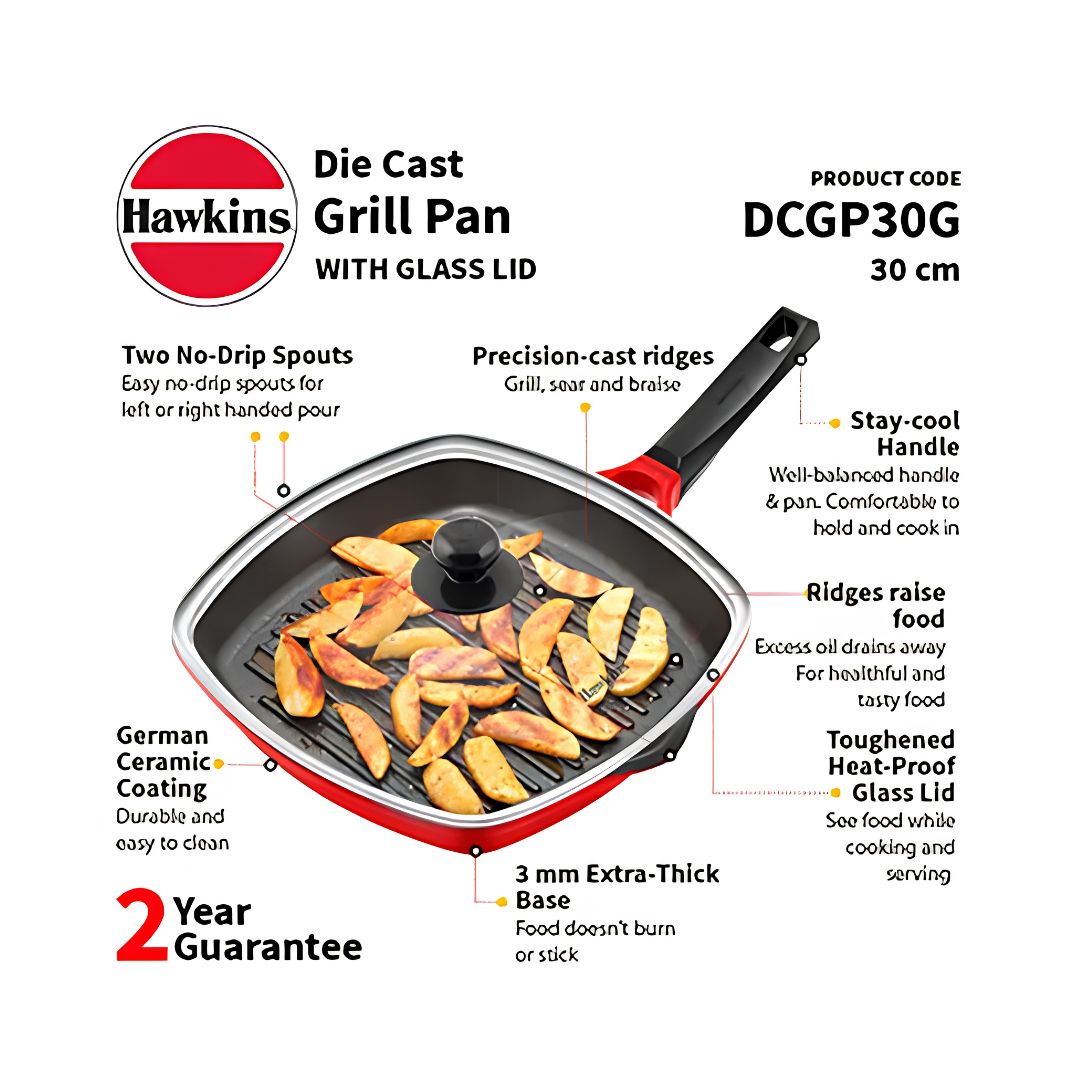 Hawkins Die Cast Grill Pan with Glass Lid (DCGP30G) 30 cm - Red_Features 1
