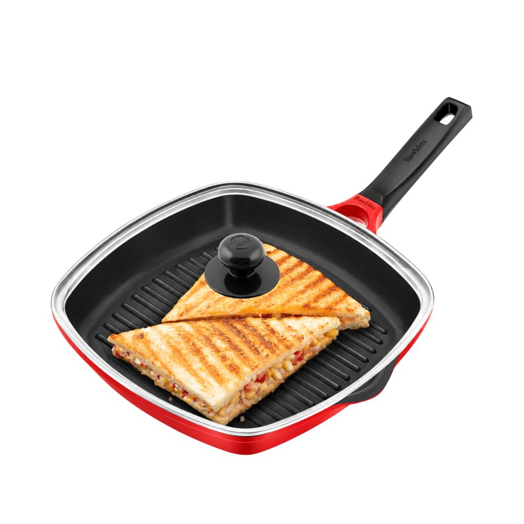 Hawkins Die Cast Grill Pan with Glass Lid (DCGP30G) 30 cm - Red_Front View