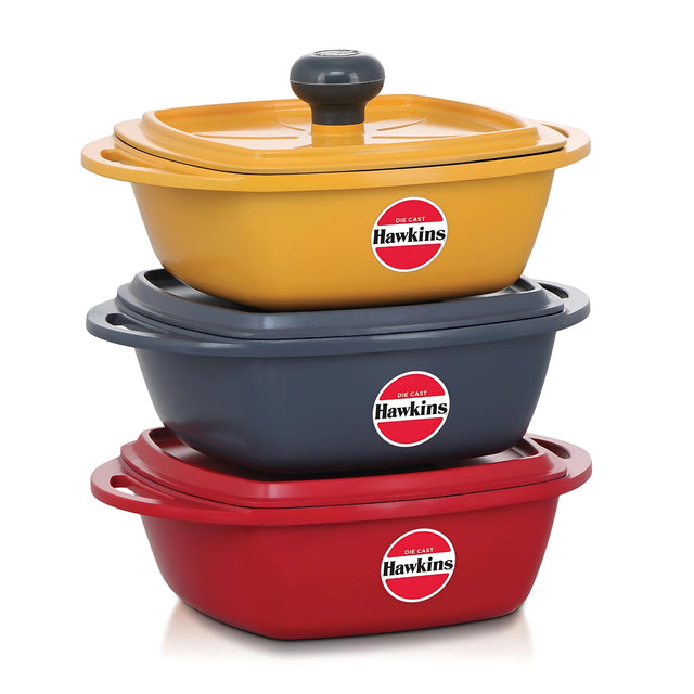 Hawkins Die Cast Mini Casserole Square Serious Gift Set with Lid (23DGP) 3 Pcs 0.75 L - Yellow Grey Red_1