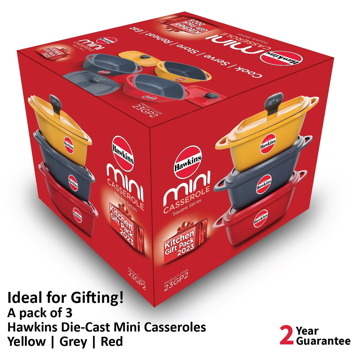 Hawkins Die Cast Mini Casserole Square Serious Gift Set with Lid (23DGP) 3 Pcs 0.75 L - Yellow Grey Red_2