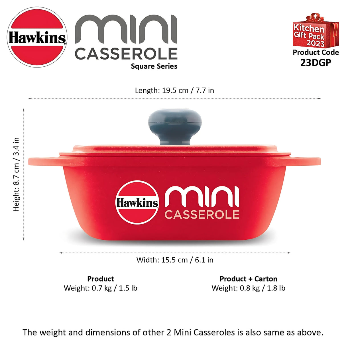 Hawkins Die Cast Mini Casserole Square Serious Gift Set with Lid (23DGP) 3 Pcs 0.75 L - Yellow Grey Red_8