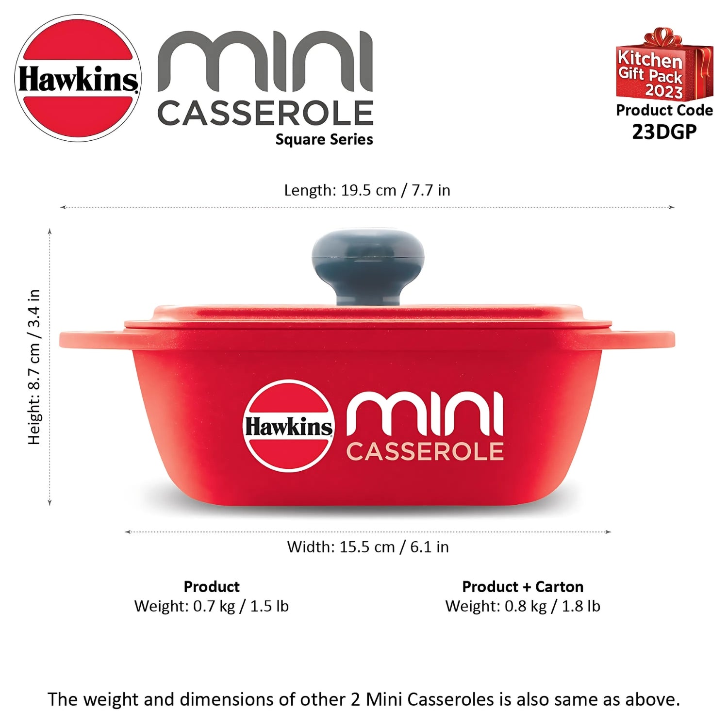 Hawkins Die Cast Mini Casserole Square Serious Gift Set with Lid (23DGP) 3 Pcs 0.75 L - Yellow Grey Red_8