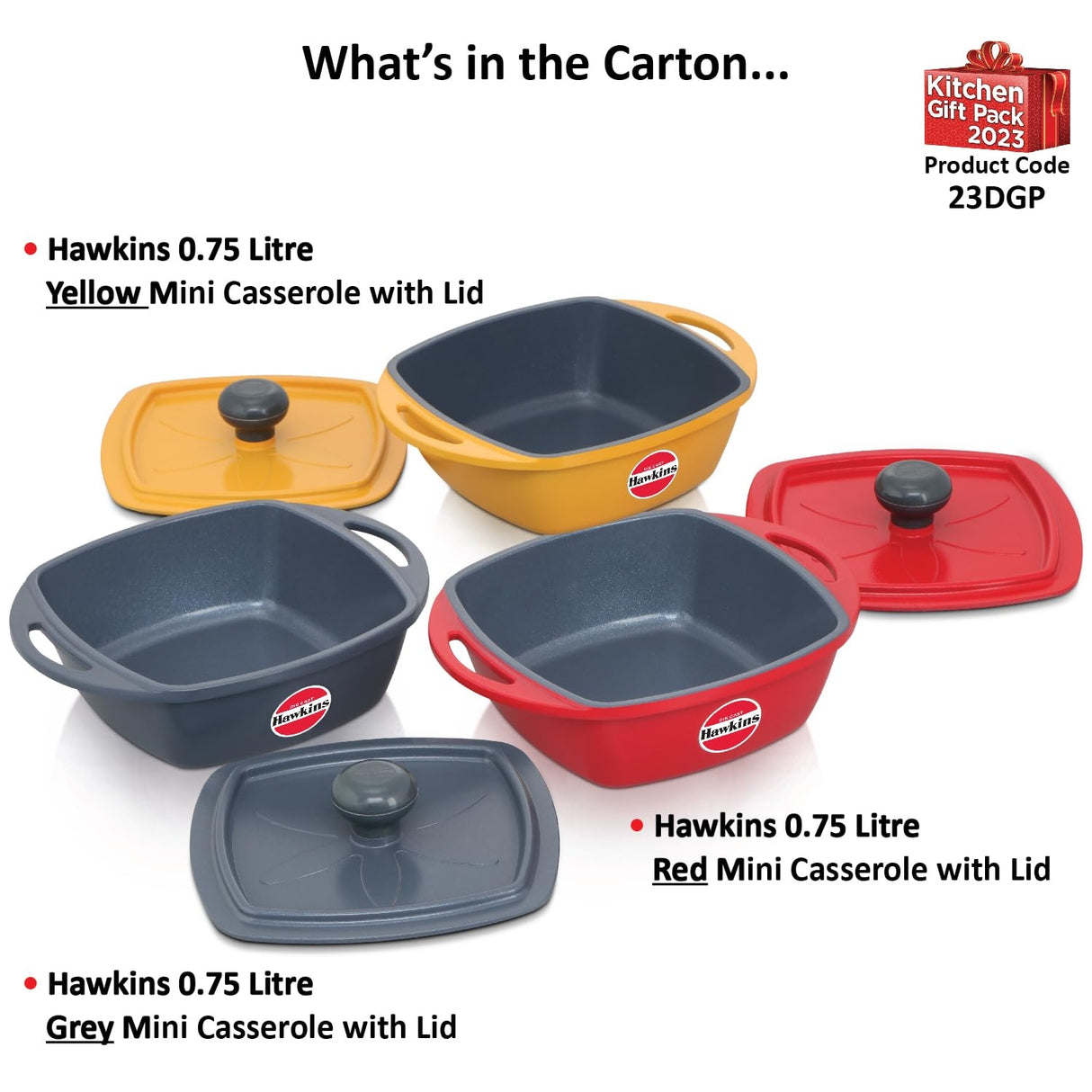 Hawkins Die Cast Mini Casserole Square Serious Gift Set with Lid (23DGP) 3 Pcs 0.75 L - Yellow Grey Red_9