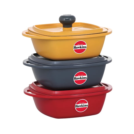 Hawkins Die Cast Mini Casserole Square Serious Gift Set with Lid (23DGP) 3 Pcs 0.75 L - Yellow Grey Red_Front  View