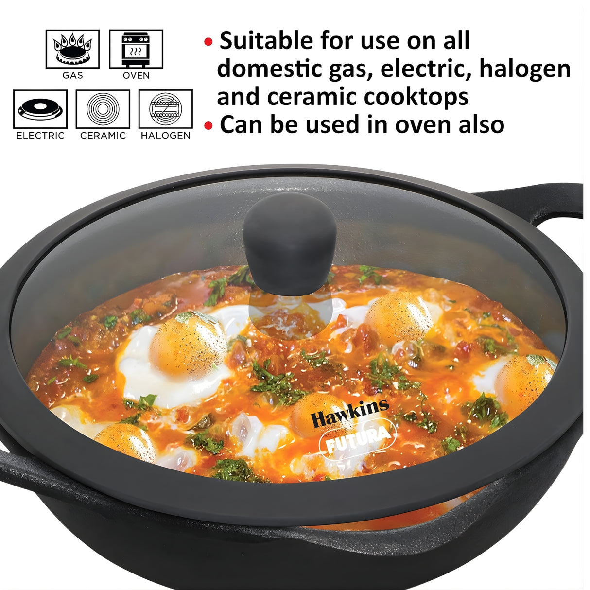 Hawkins Futura Cast Iron Frying Pan with Glass Lid (CIF24G) 24 cm \ 1.8 L - Black_6