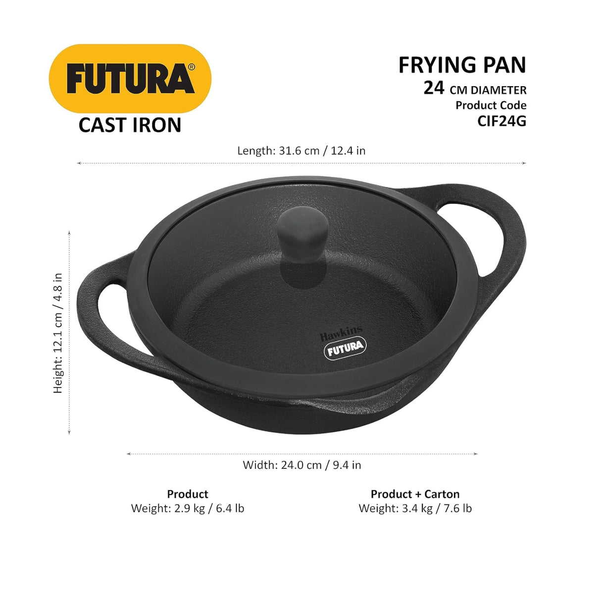 Hawkins Futura Cast Iron Frying Pan with Glass Lid (CIF24G) 24 cm \ 1.8 L - Black_7