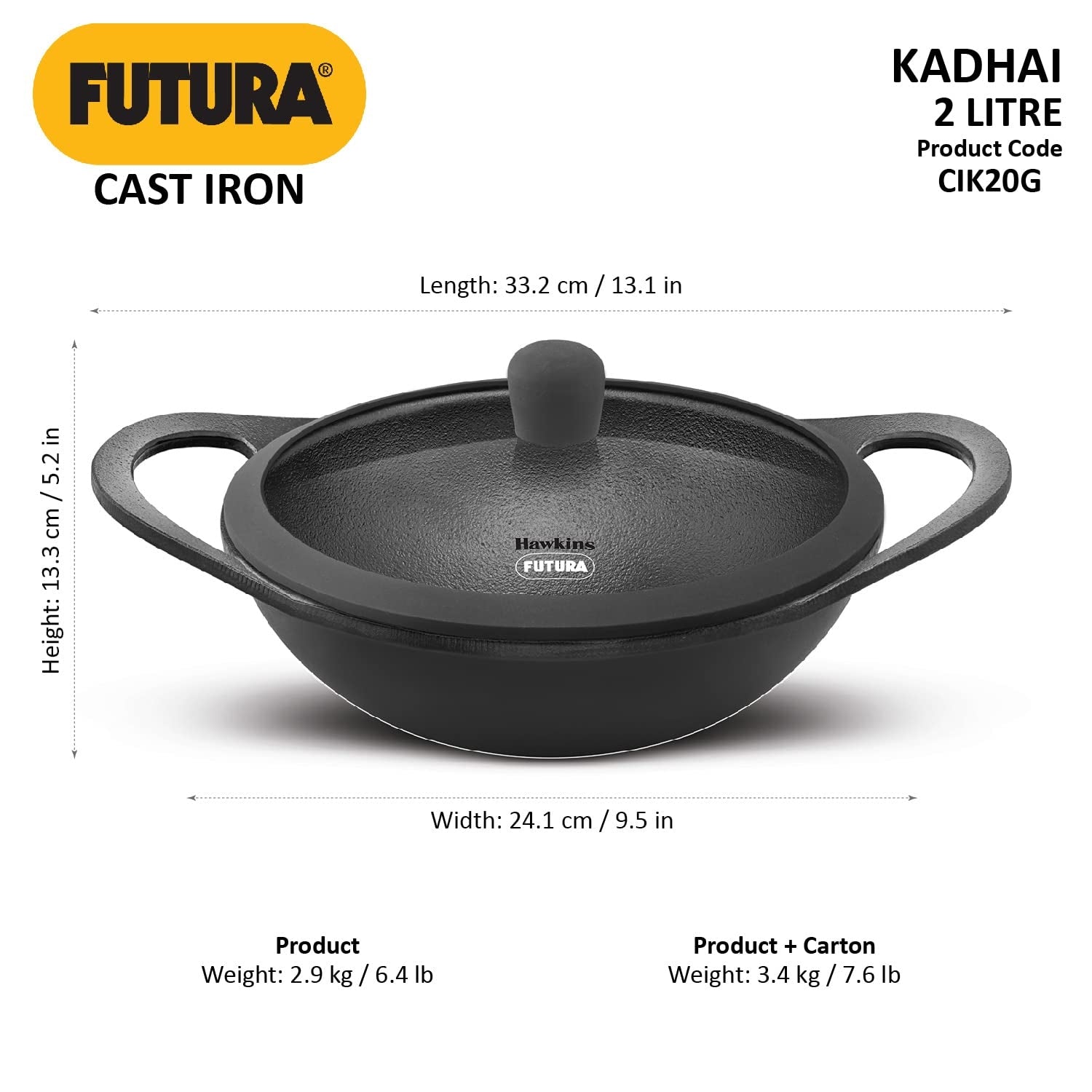 Hawkins Futura Cast Iron Kadai with Glass Lid (CIK20G) 24 cm \ 2 L - Black_10