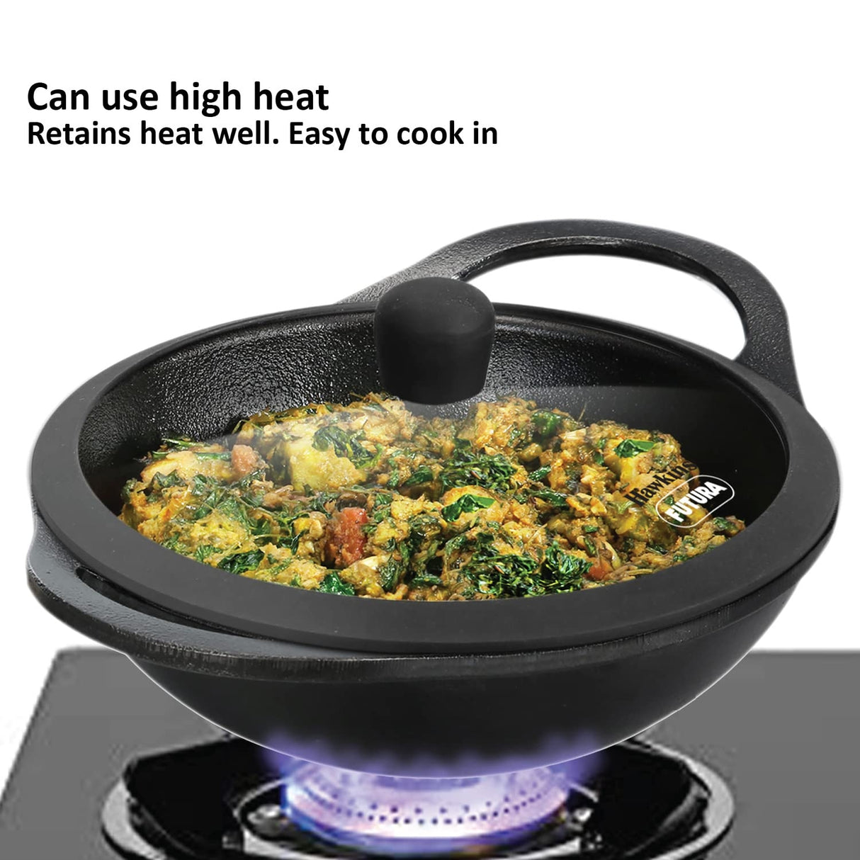 Hawkins Futura Cast Iron Kadai with Glass Lid (CIK20G) 24 cm \ 2 L - Black_3