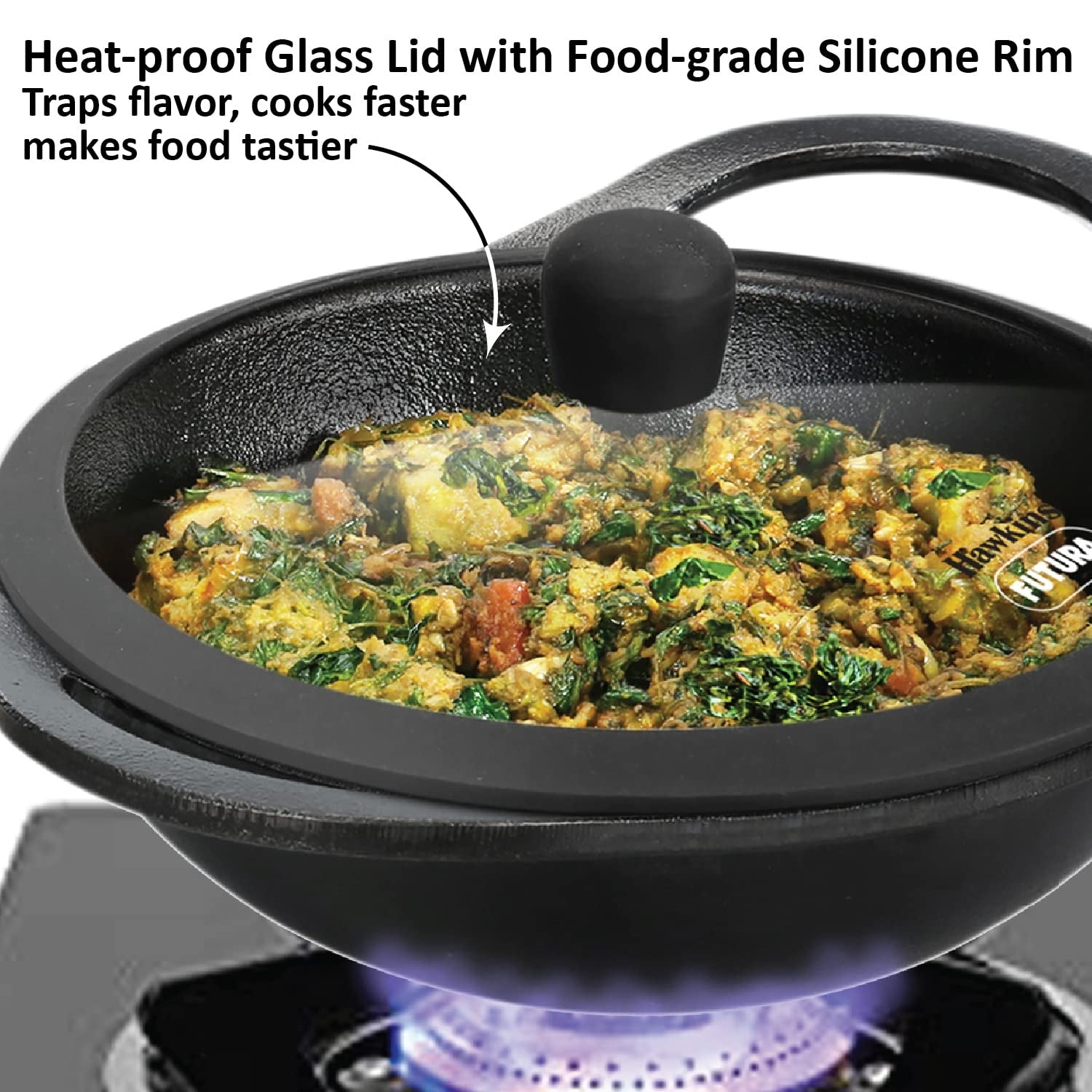 Hawkins Futura Cast Iron Kadai with Glass Lid (CIK20G) 24 cm \ 2 L - Black_9