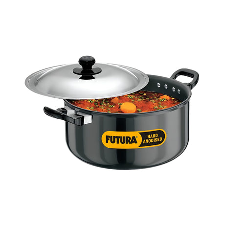 Hawkins Futura Hard Anodised Cook-n-Serve Stewpot with SS Lid (AST50) 5 L – Black_Front View