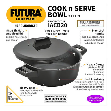 Hawkins Futura Hard Anodised Cook N Serve Bowl with Lid (IACB20) 2 L - Black_2