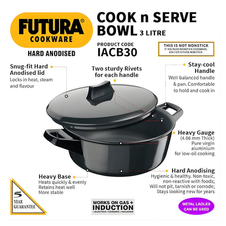 Hawkins Futura Hard Anodised Cook N Serve Bowl with Lid (IACB30) 3 L - Black_2