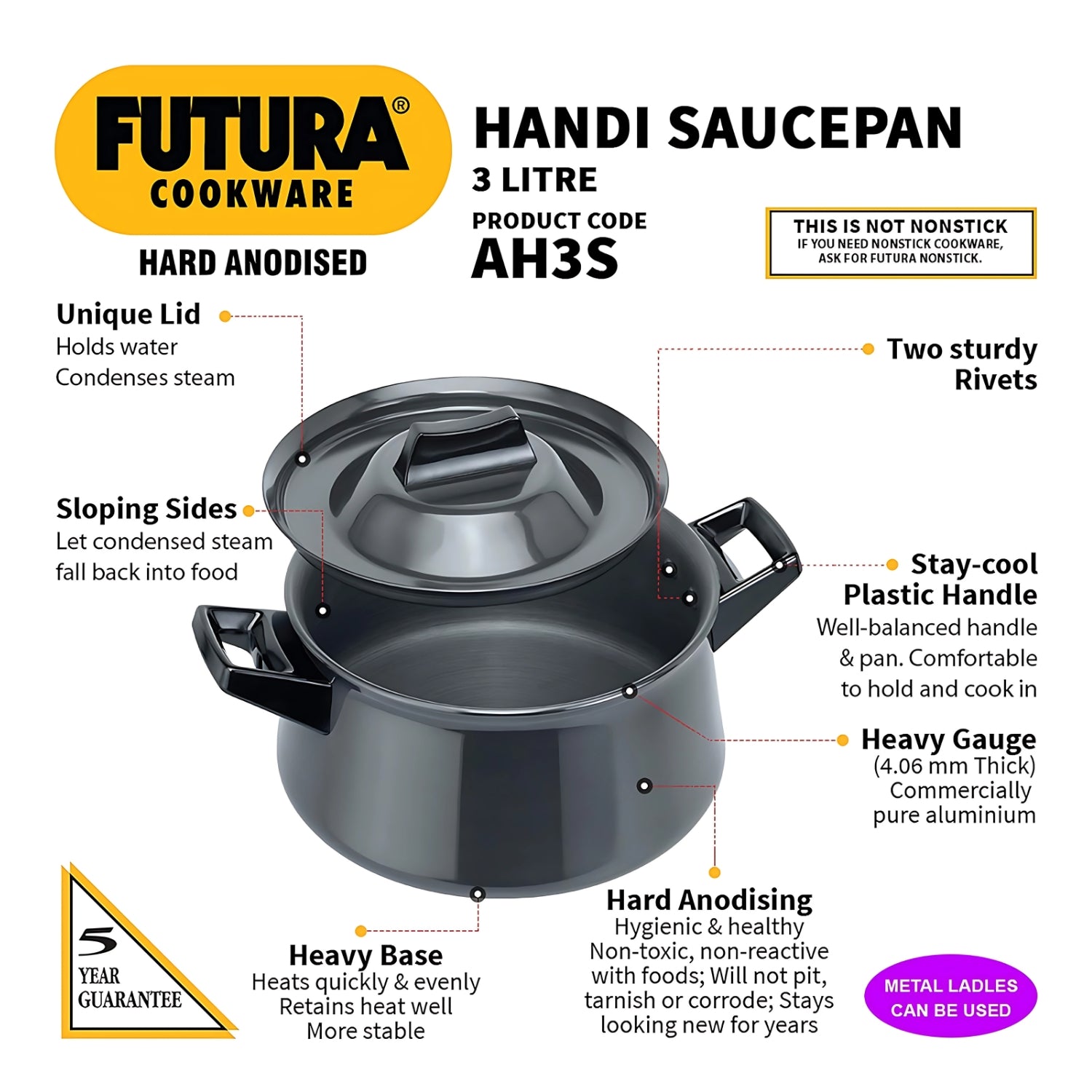Hawkins Futura Hard Anodised Cookware with Lid (AH3S) 3 L - Black_2