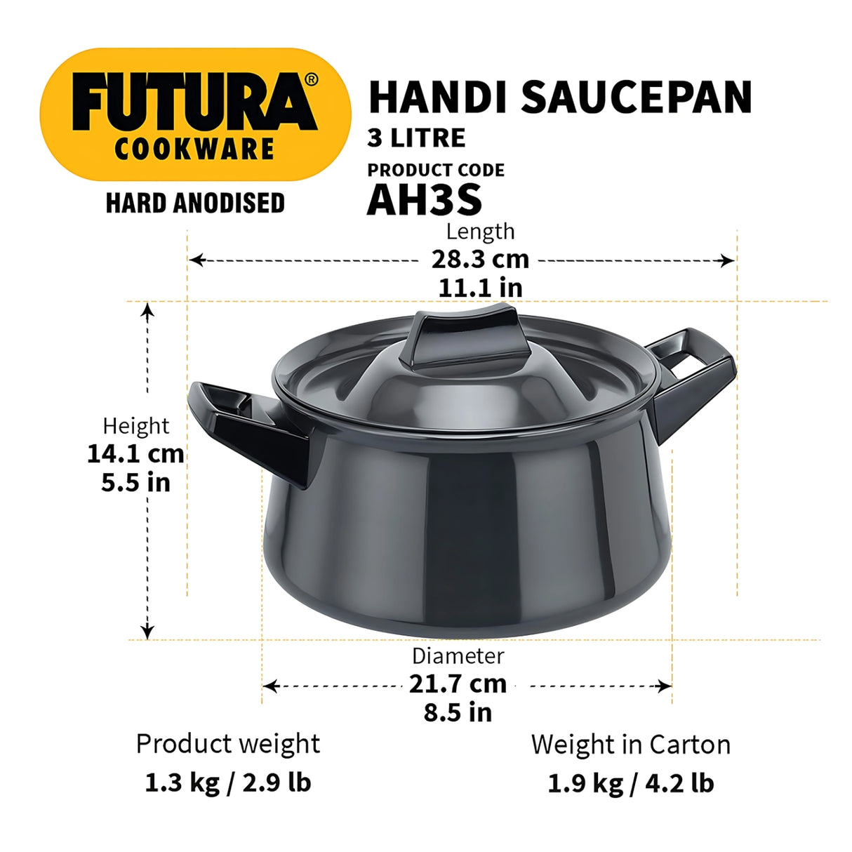 Hawkins Futura Hard Anodised Cookware with Lid (AH3S) 3 L - Black_3