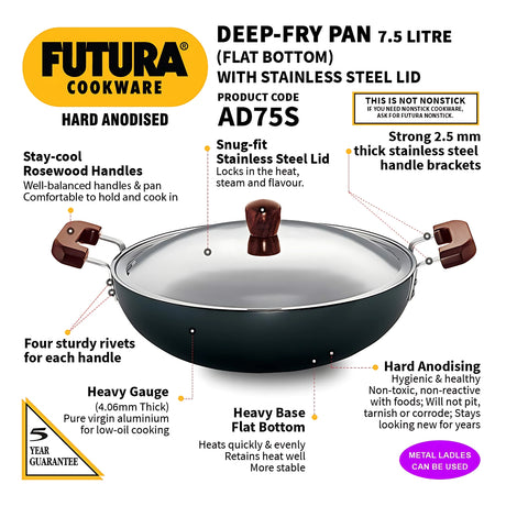 Hawkins Futura Hard Anodised Deep Fry Pan with SS Lid (AD75S) 36 cm \ 7.5 L - Black_2