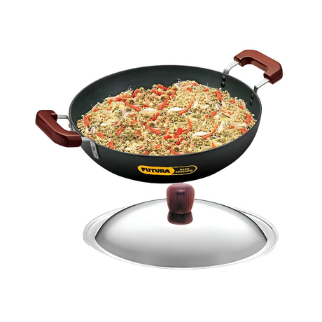 Hawkins Futura Hard Anodised Deep Fry Pan with SS Lid (AD75S) 36 cm _ 7.5 L - Black_Front View