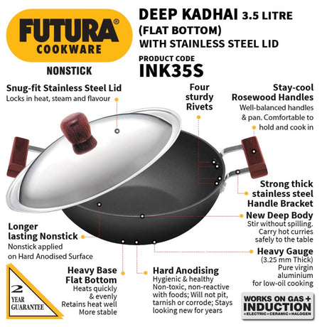 Hawkins Futura Hard Anodised Deep Kadai with SS Lid (INK35S) 3.5 L - Black_2