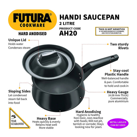Hawkins Futura Hard Anodised Handi Sauce Pan with Lid (AH20) 2 L - Black_2