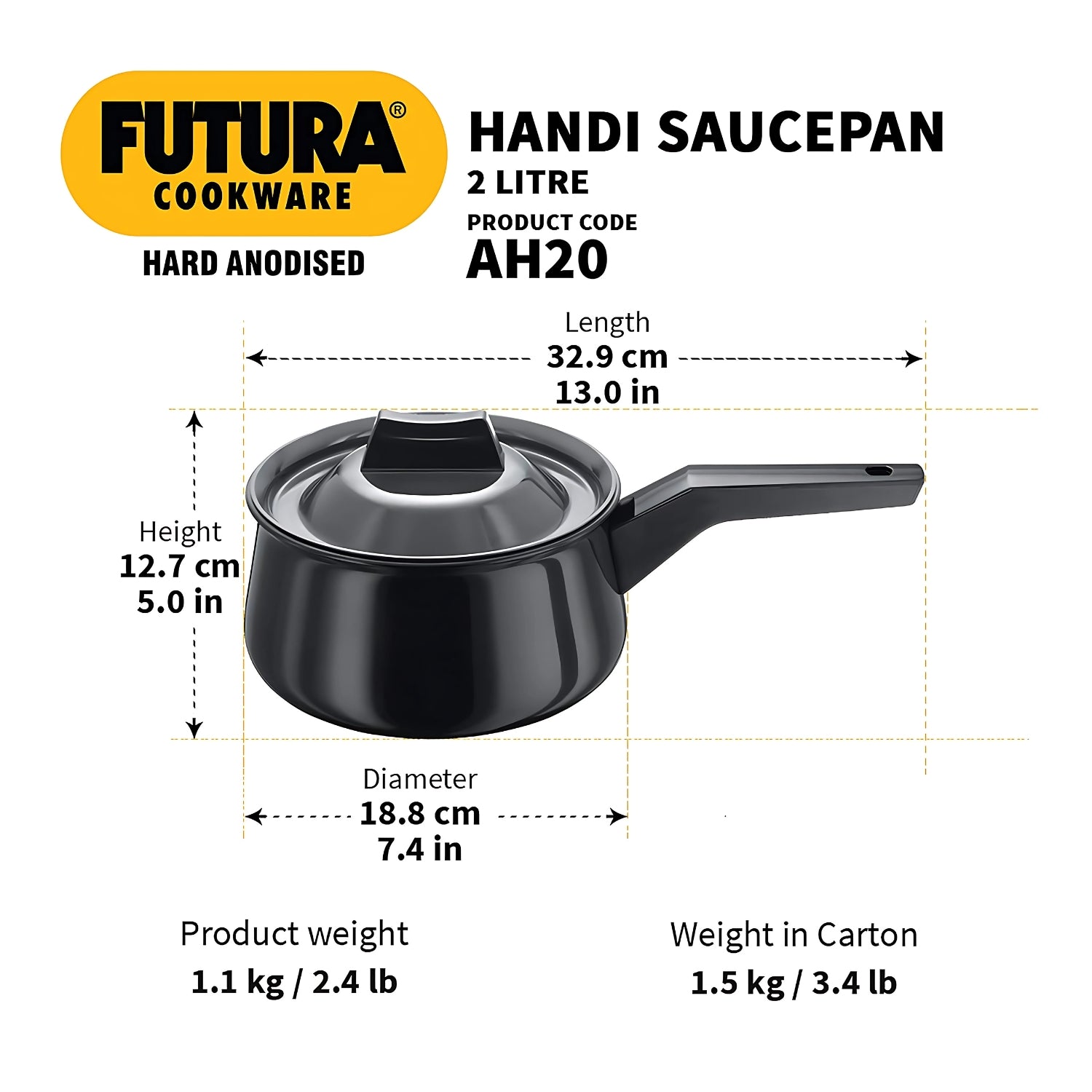 Hawkins Futura Hard Anodised Handi Sauce Pan with Lid (AH20) 2 L - Black_3