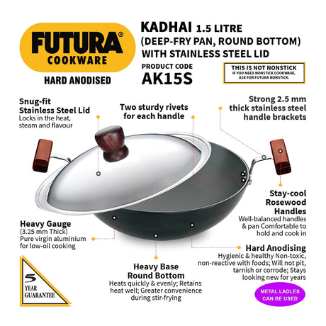Hawkins Futura Hard Anodised Kadai Fry Pan with SS Lid (AK15S) 1.5 L - Black_2
