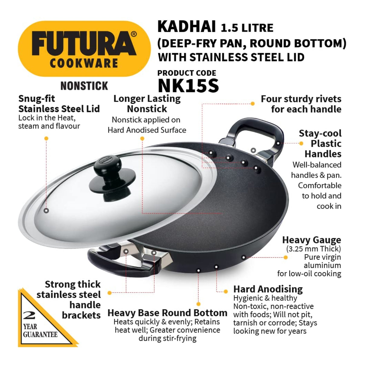 Hawkins Futura Hard Anodised Kadai with SS Lid (NK15S) 1.5 L - Black_2