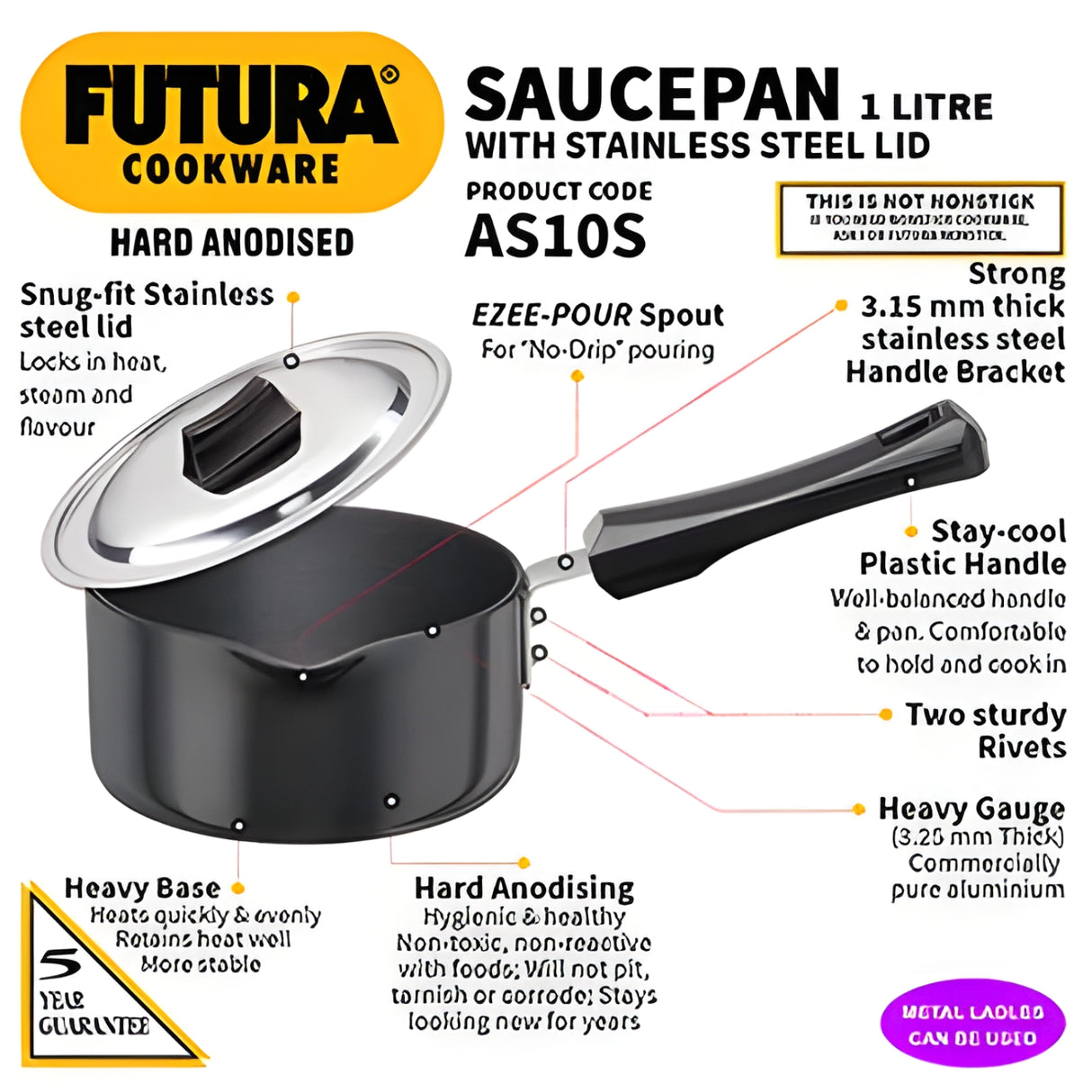 Hawkins Futura Hard Anodised Sauce Pan with SS Lid (AS10S) 1 L - Black_3