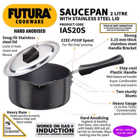 Hawkins Futura Hard Anodised Sauce Pan with SS Lid (IAS20S) 2 L - Black_2