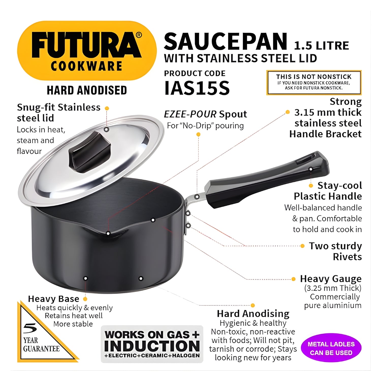 Hawkins Futura Hard Anodised Sauce Pan with Stainless Steel Lid (IAS15S) 1.5 L - Black_2