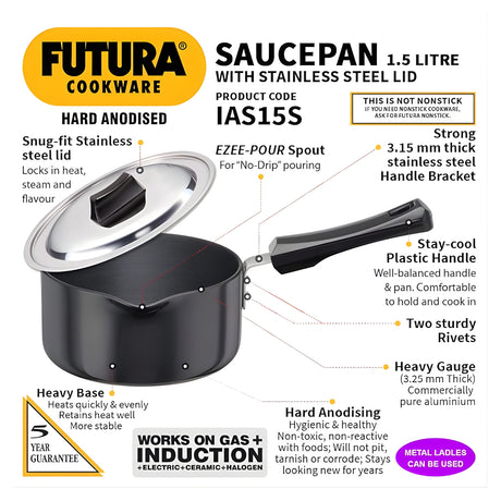 Hawkins Futura Hard Anodised Sauce Pan with Stainless Steel Lid (IAS15S) 1.5 L - Black_2