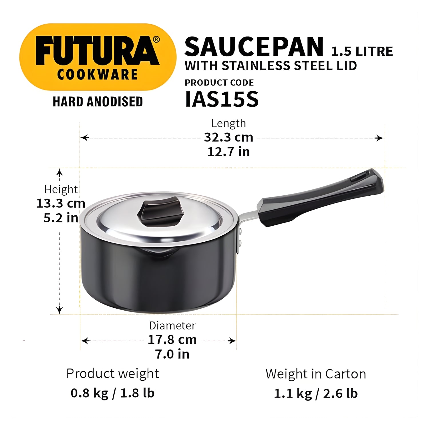 Hawkins Futura Hard Anodised Sauce Pan with Stainless Steel Lid (IAS15S) 1.5 L - Black_3