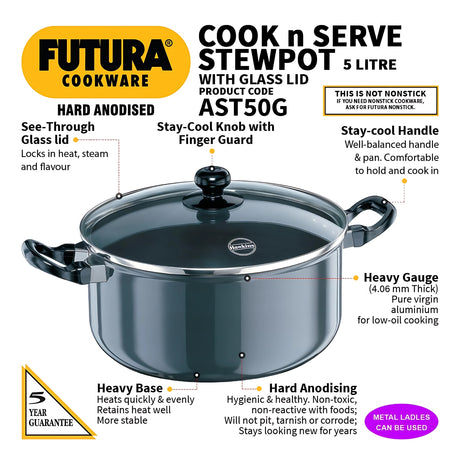 Hawkins Futura Hard Anodised Stewpot Cookware with Glass Lid (AST50G) 24 cm \ 5 L - Black_2