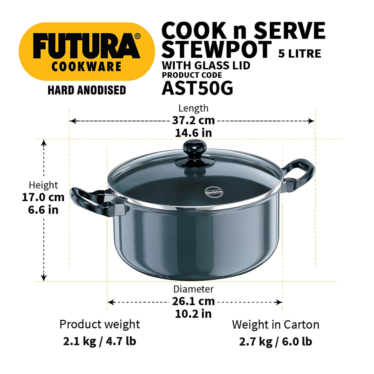 Hawkins Futura Hard Anodised Stewpot Cookware with Glass Lid (AST50G) 24 cm \ 5 L - Black_3