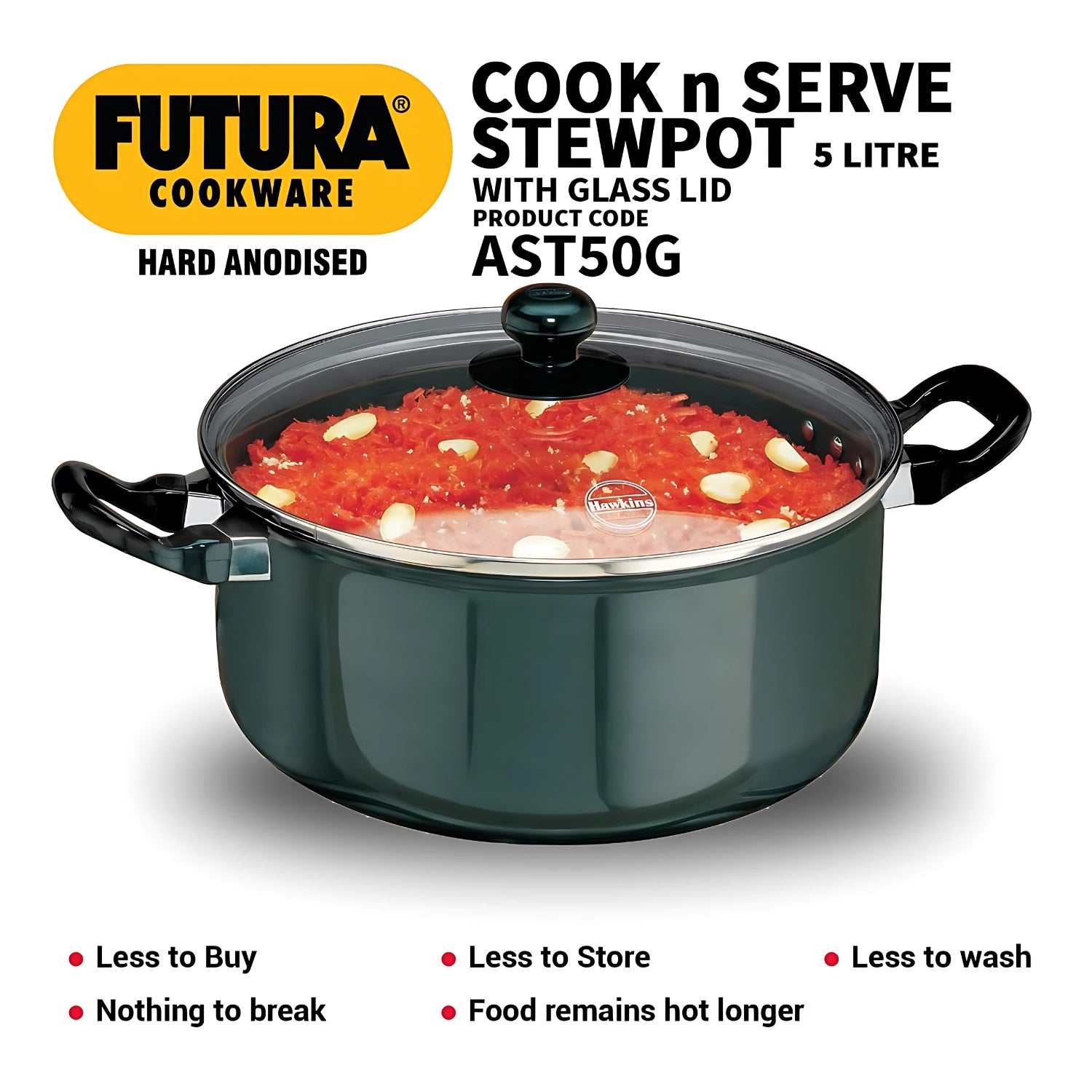 Hawkins Futura Hard Anodised Stewpot Cookware with Glass Lid (AST50G) 24 cm \ 5 L - Black_5