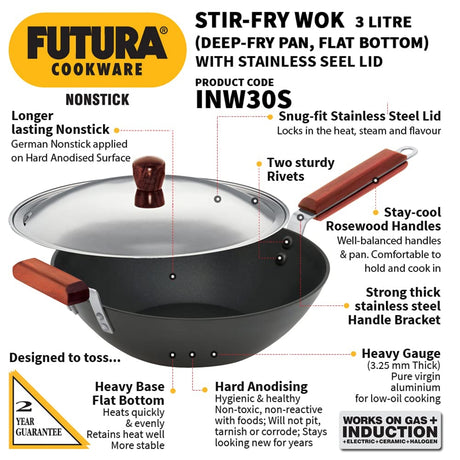 Hawkins Futura Hard Anodised Wok with SS Lid (INW30S) 3 L - Black_2