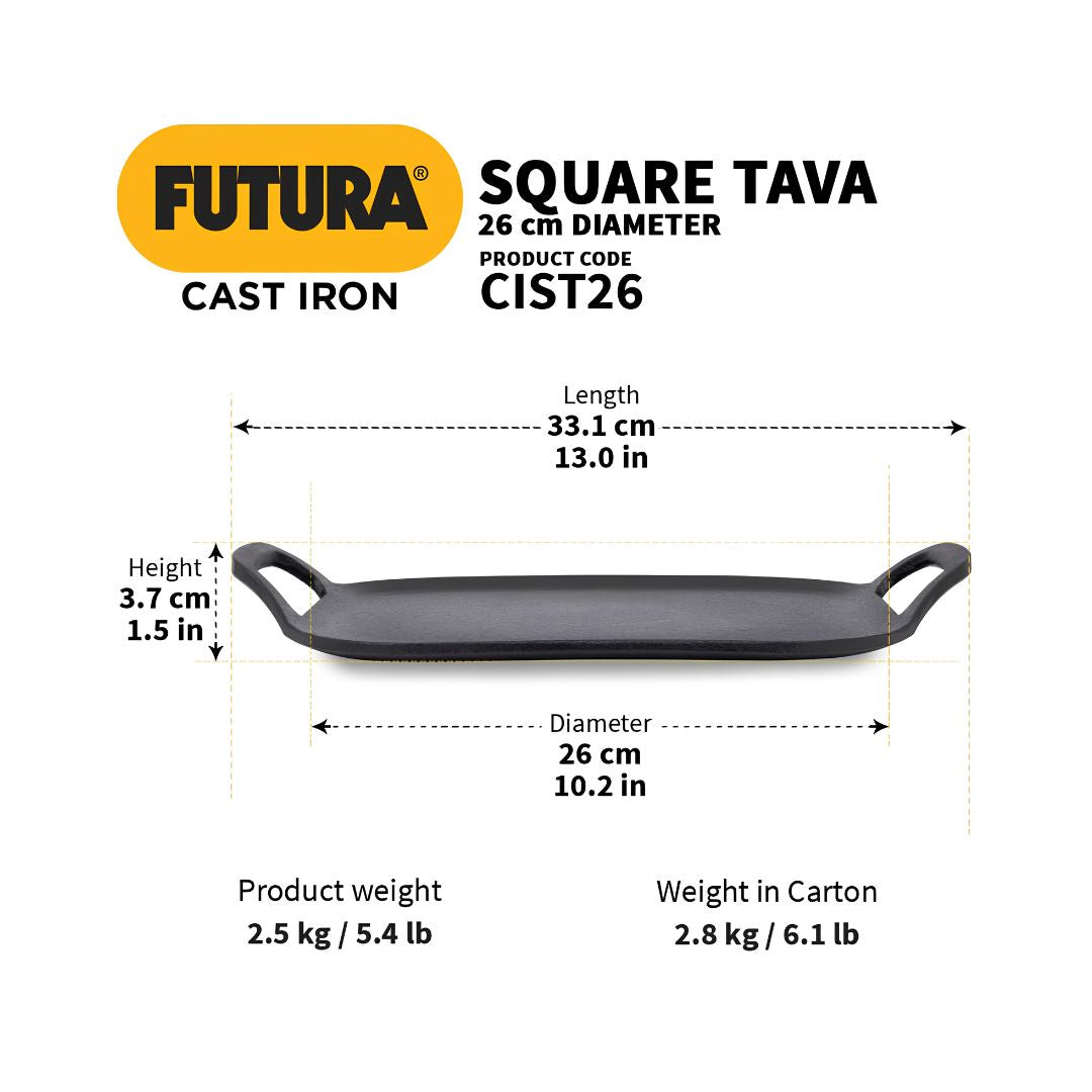 Hawkins Futura Reinforced Cast Iron Square Tawa (CIST26) 26 cm - Black_Diemensions