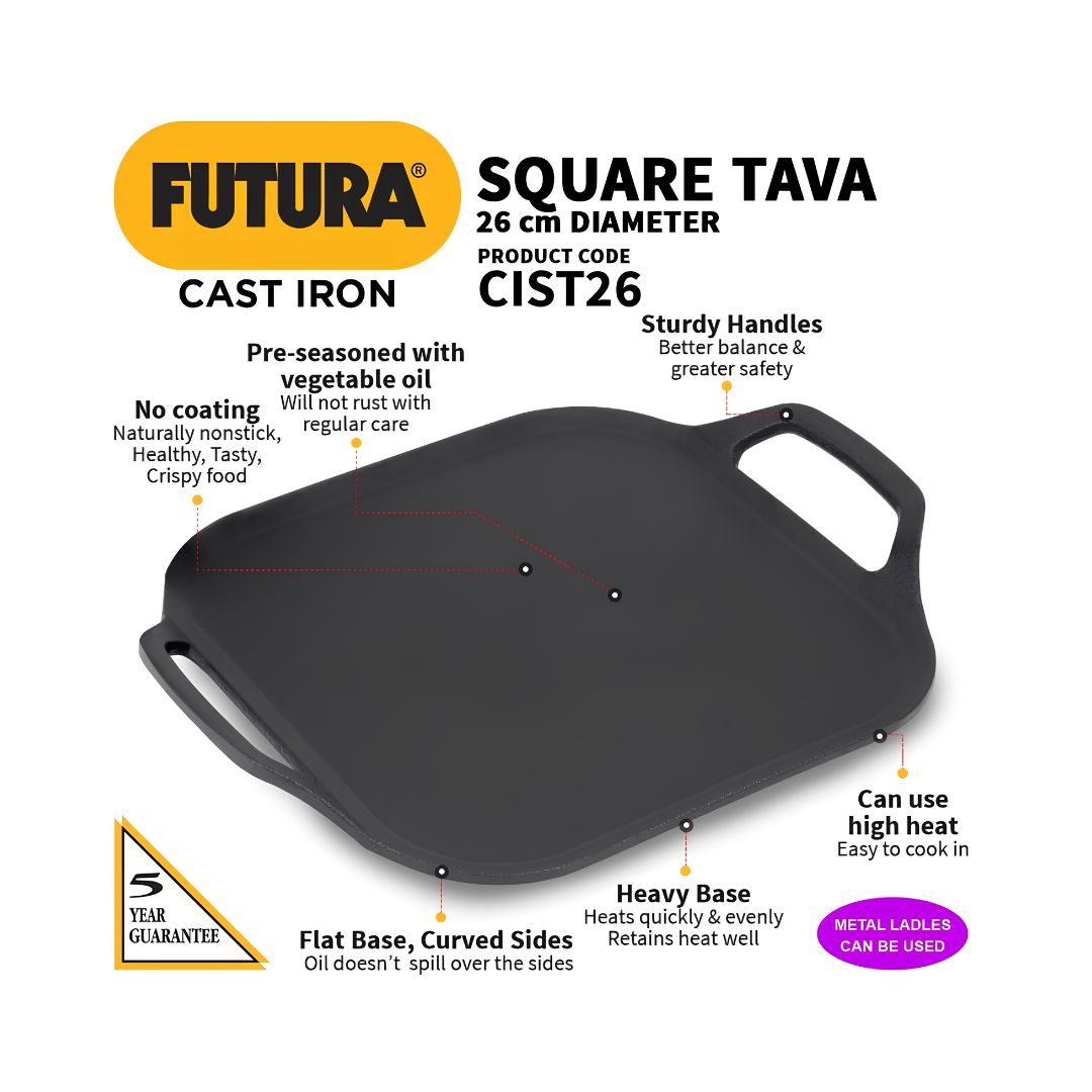 Hawkins Futura Reinforced Cast Iron Square Tawa (CIST26) 26 cm - Black_Features 6