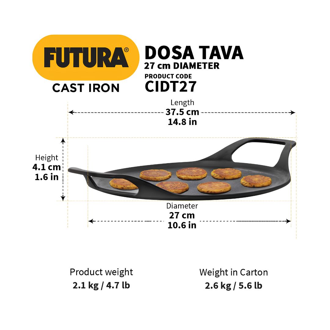 Hawkins Futura Reinforced Cast Iron Tawa (CIDT27) 27 cm - Black_Diemensions