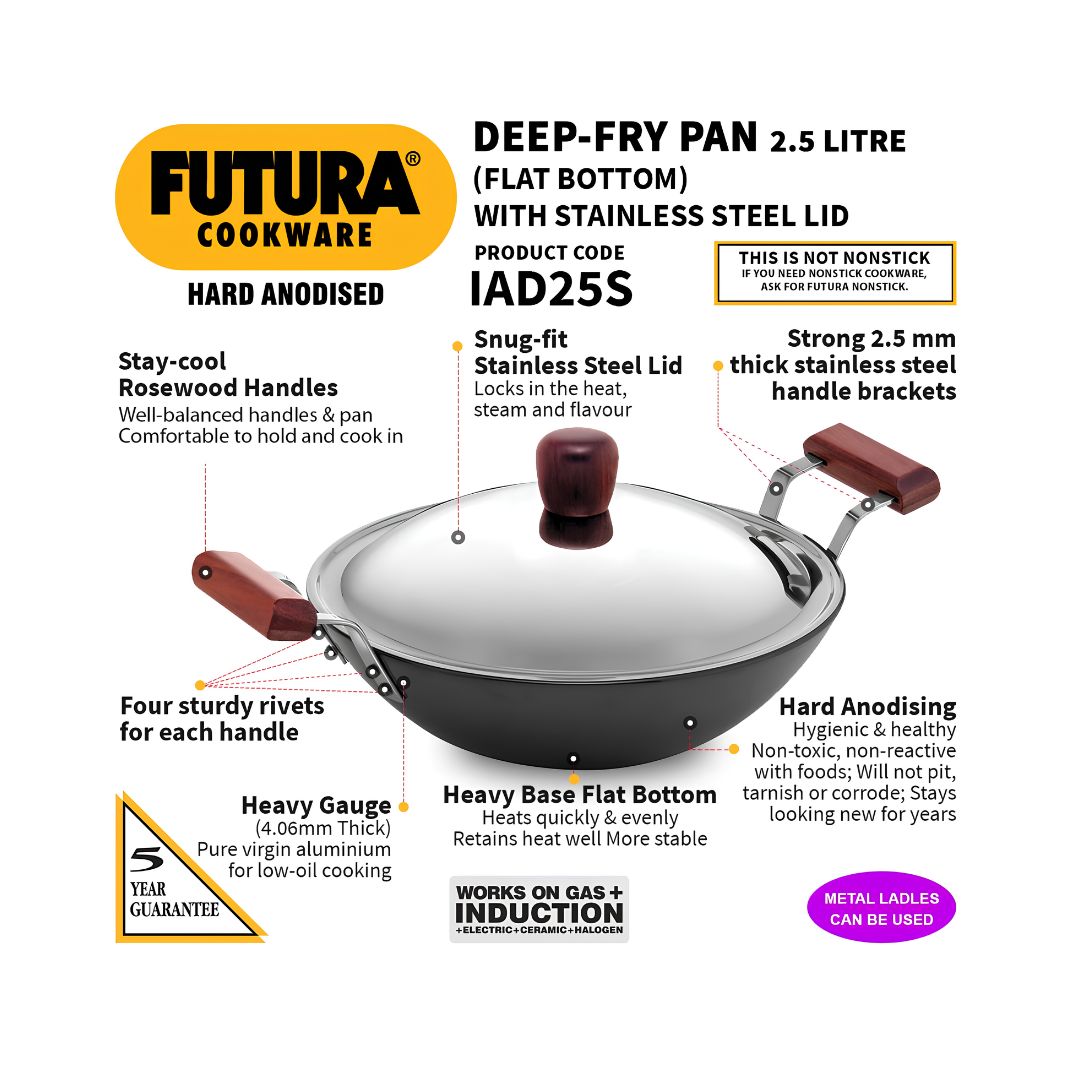 Hawkins Hard Anodised Flat Bottom Deep Fry Pan with SS Lid (IAD25S) 26 cm_Features 1