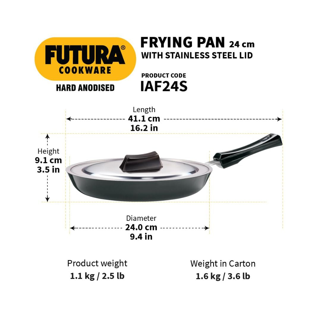 Hawkins Hard Anodised Frying Pan with Stainless Steel Lid (IAF24S) 24 cm_Dimensions