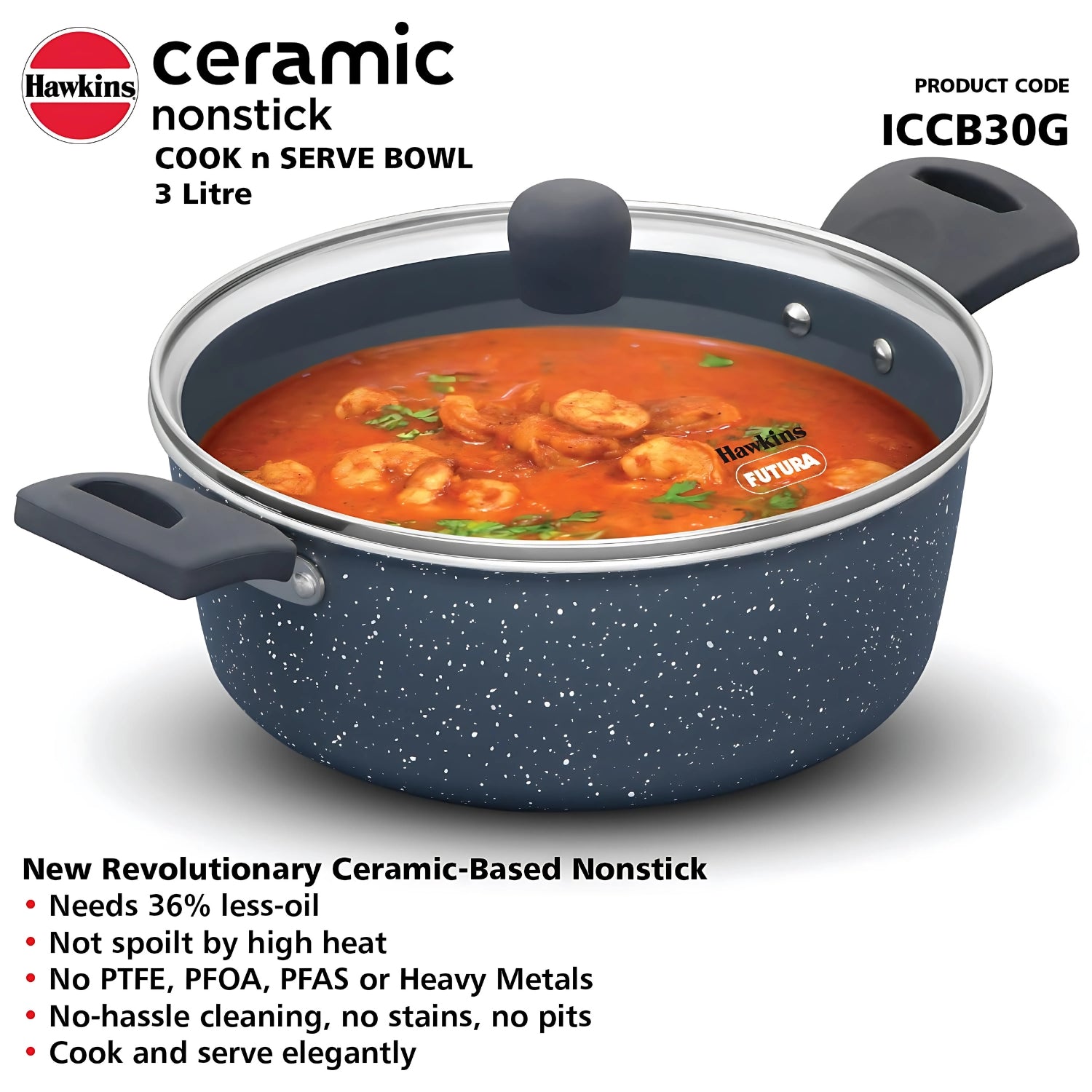 Hawkins Induction Compatible Ceramic NS Cook n Serve Bowl with Glass Lid (ICCB30G) 3 L - Grey_3