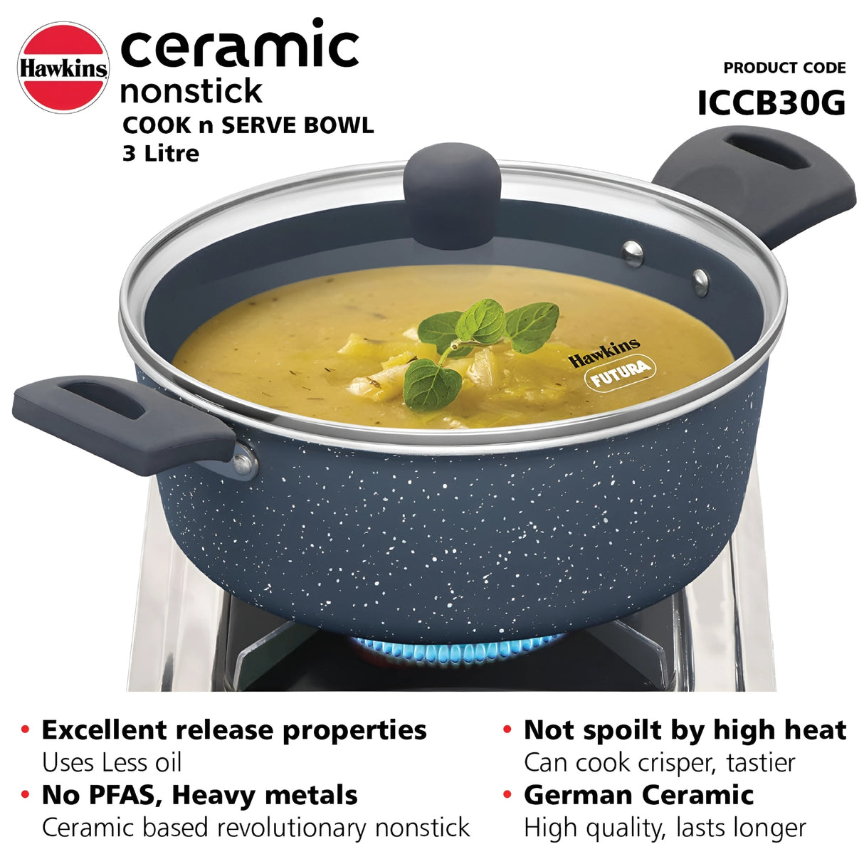 Hawkins Induction Compatible Ceramic NS Cook n Serve Bowl with Glass Lid (ICCB30G) 3 L - Grey_4