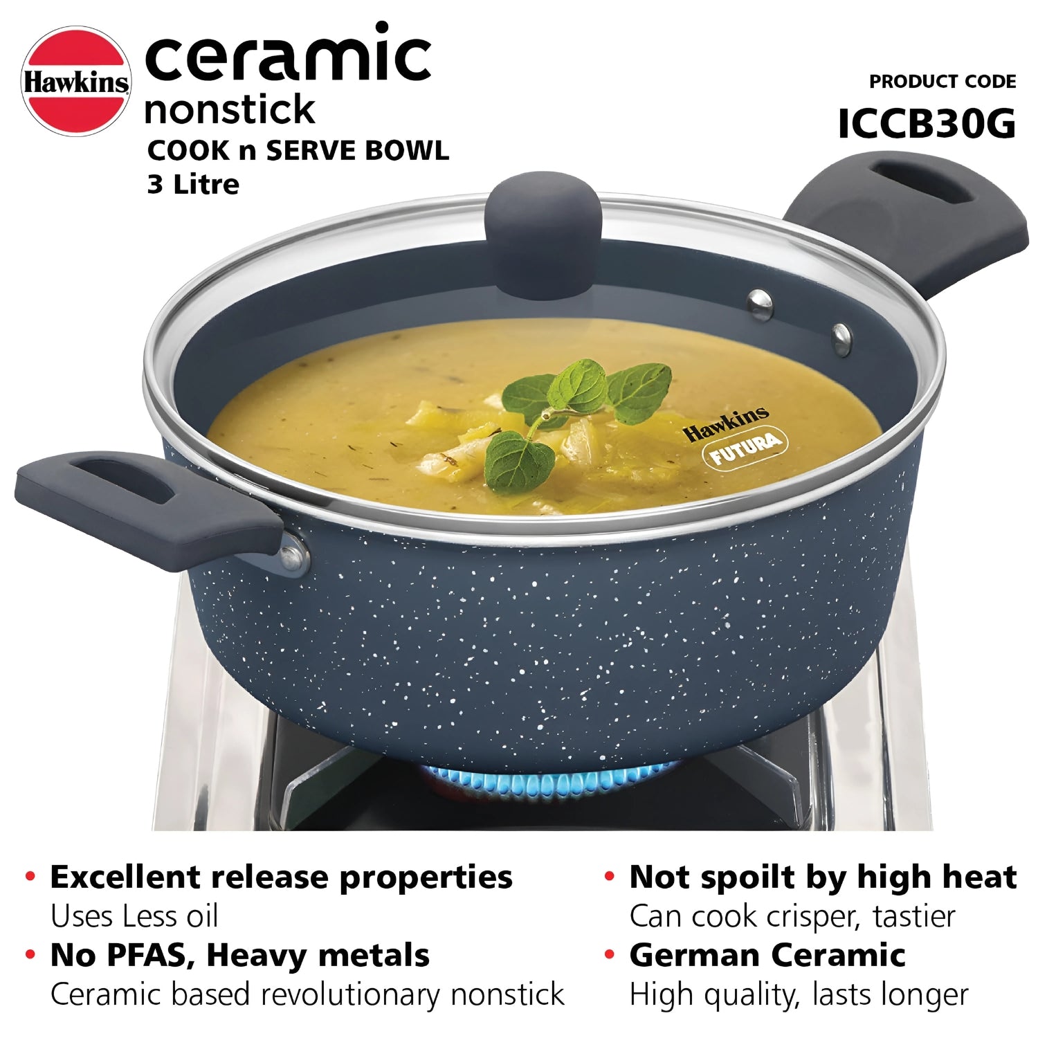 Hawkins Induction Compatible Ceramic NS Cook n Serve Bowl with Glass Lid (ICCB30G) 3 L - Grey_4