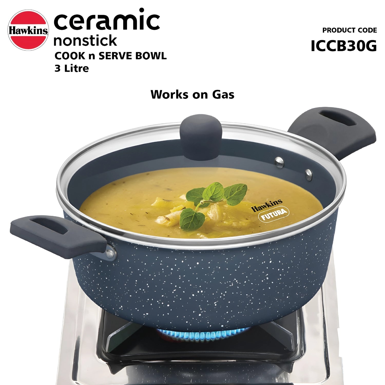 Hawkins  Induction Compatible Ceramic NS Cook n Serve Bowl with Glass Lid (ICCB30G) 3 L - Grey_5