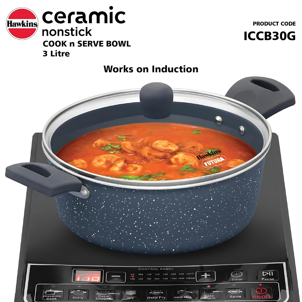 Hawkins Induction Compatible Ceramic NS Cook n Serve Bowl with Glass Lid (ICCB30G) 3 L - Grey_6