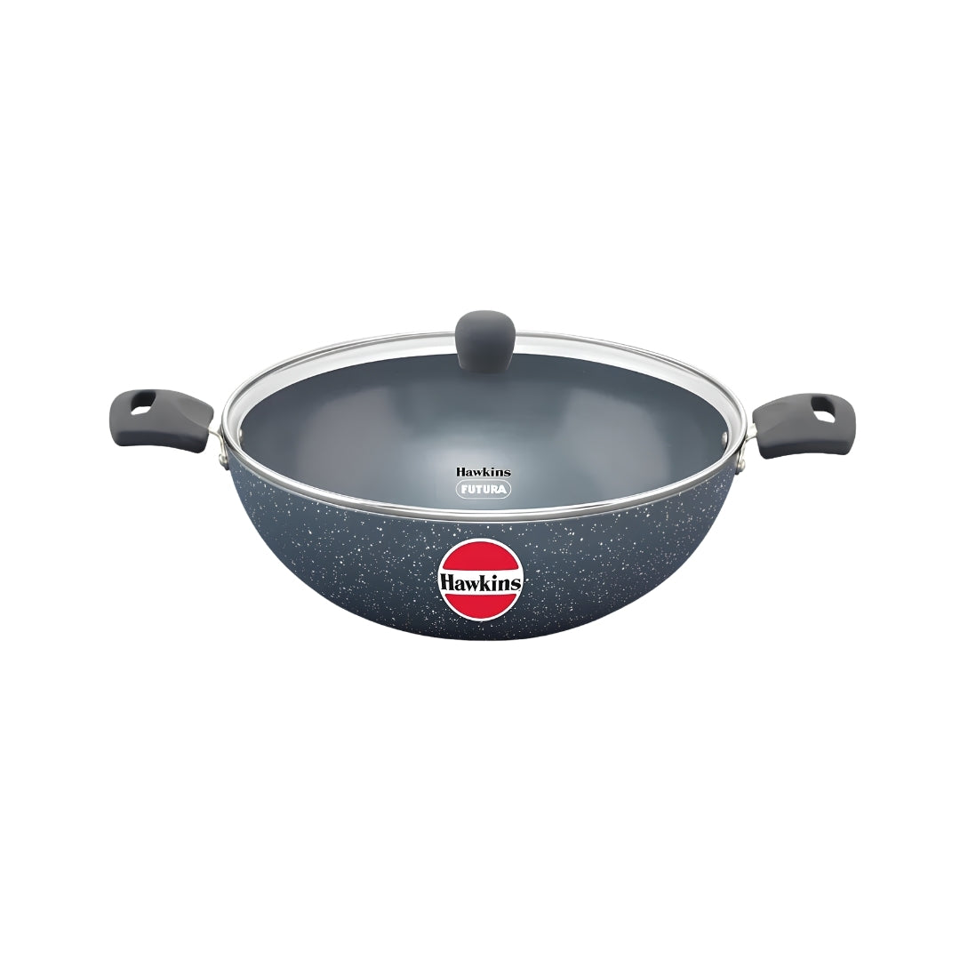 Hawkins Induction Compatible Ceramic NS Deep Kadai with Glass Lid (ICK50G) 5 L - Blue_Front View