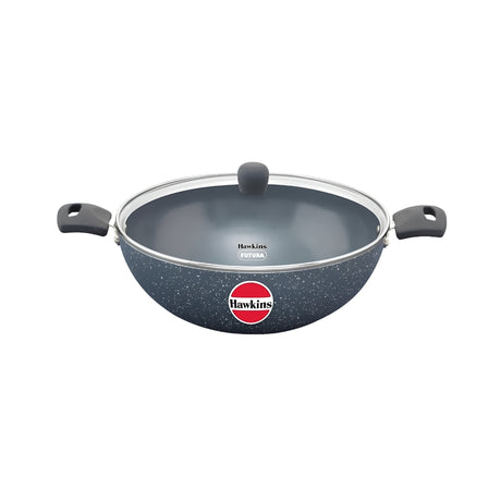 Hawkins Induction Compatible Ceramic NS Deep Kadai with Glass Lid (ICK50G) 5 L - Blue_Front View