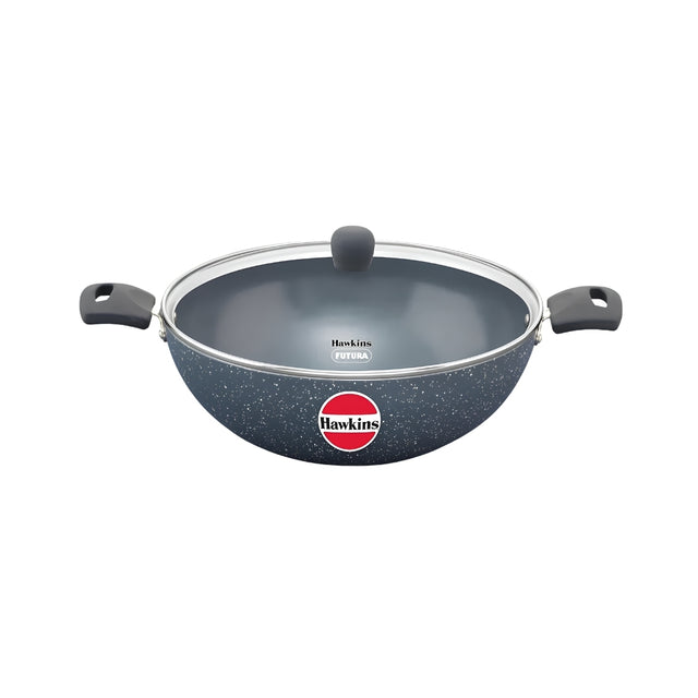 Hawkins Induction Compatible Ceramic NS Deep Kadai with Glass Lid (ICK50G) 5 L - Blue_Front View