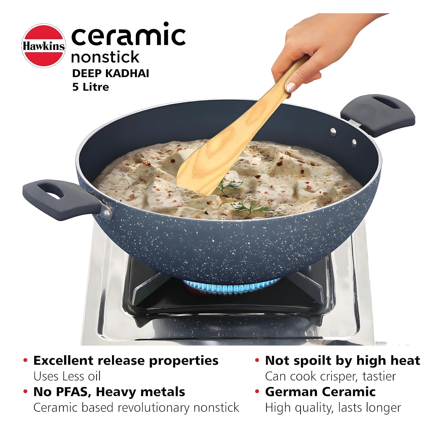 Hawkins Induction Compatible Ceramic NS Deep Kadai with Glass Lid (ICK50G) 5 L - Grey_4