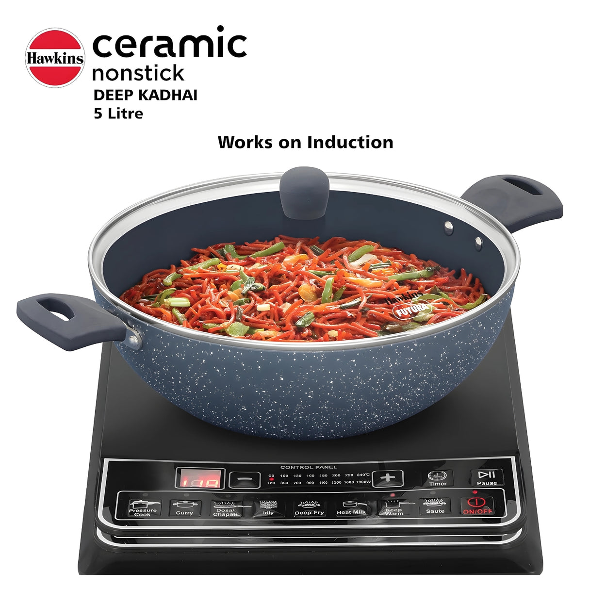 Hawkins Induction Compatible Ceramic NS Deep Kadai with Glass Lid (ICK50G) 5 L - Grey_6