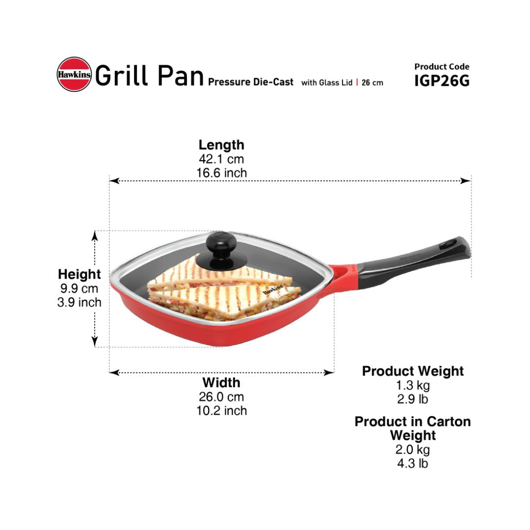 Hawkins Induction Compatible Die Cast Grill Pan with Glass Lid (IGP26G) 26 cm _Dimesnions